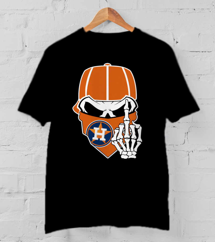 Houston Astros Skull With Cap And Skeleton Hand T-Shirt