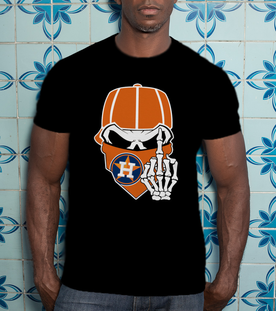 Houston Astros Skull With Cap And Skeleton Hand T-Shirt