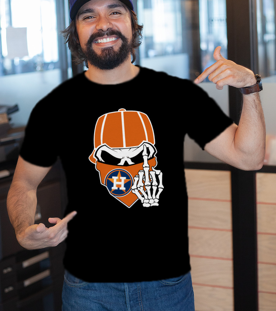 Houston Astros Skull With Cap And Skeleton Hand T-Shirt