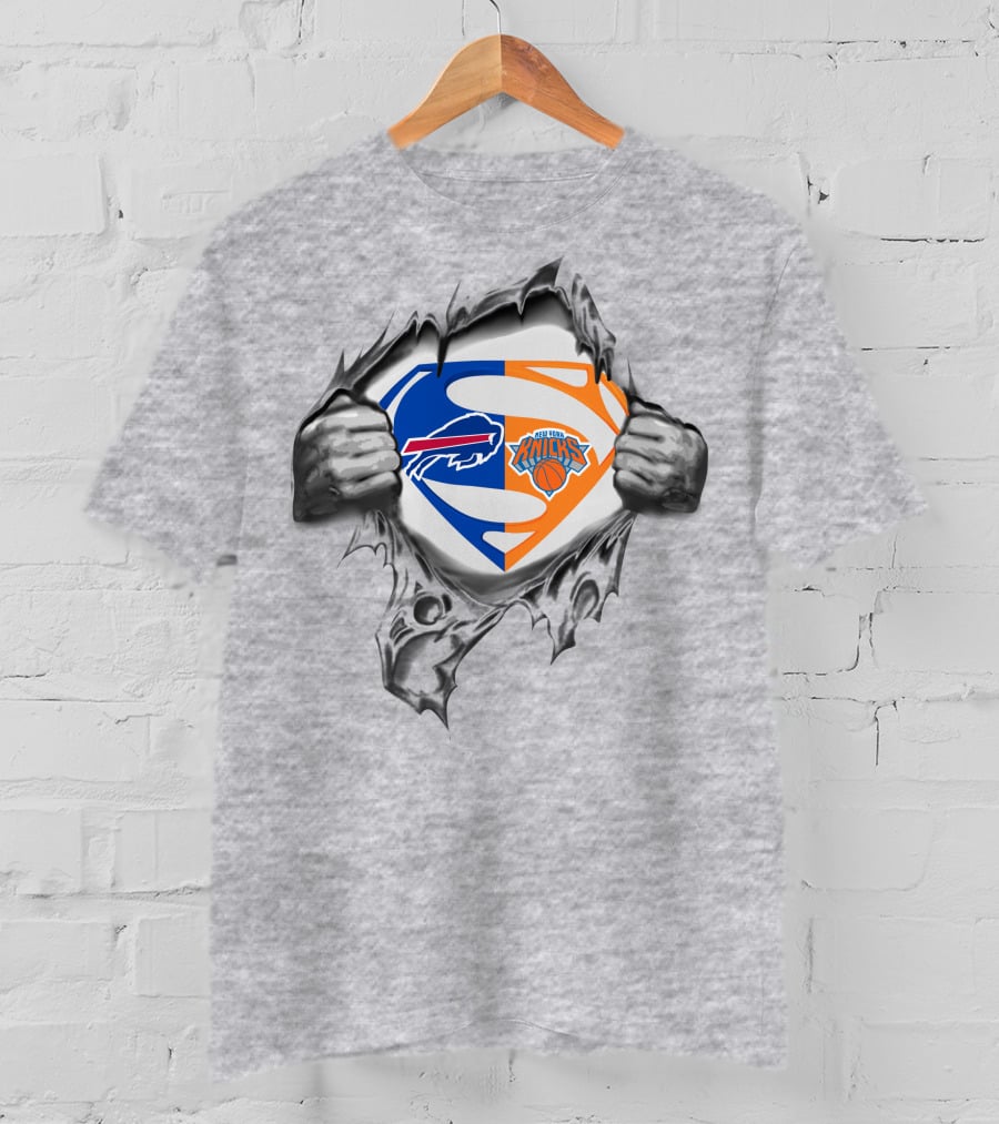 Bills New York Knicks Superman Logo Crossover Busting Through T-Shirt