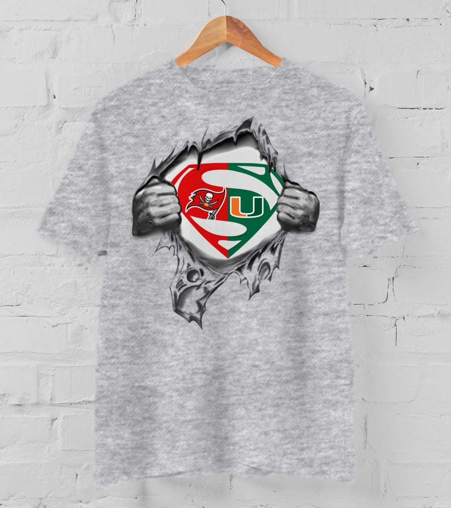 Superman Logo With Buccaneers And Miami Hurricanes Symbols Tear Reveal T-Shirt