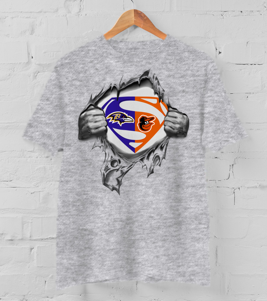 Superman Logo With Ravens And Baltimore Orioles Logos T-Shirt