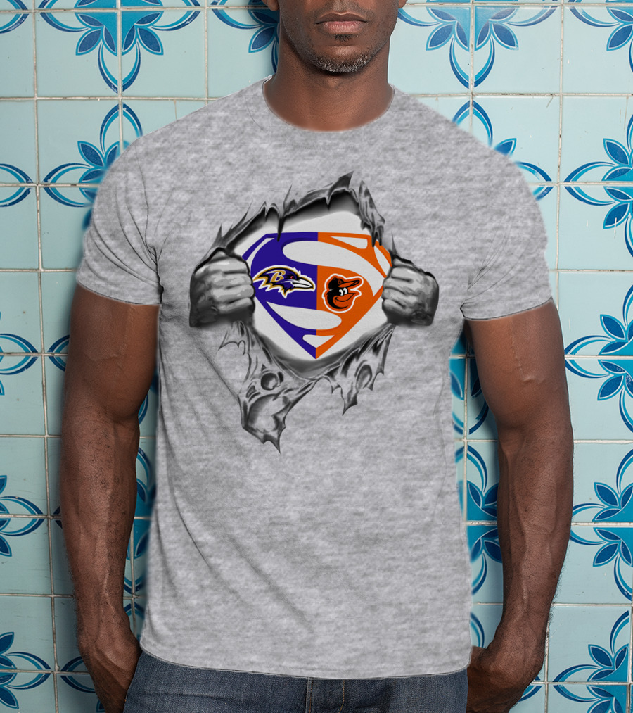 Superman Logo With Ravens And Baltimore Orioles Logos T-Shirt