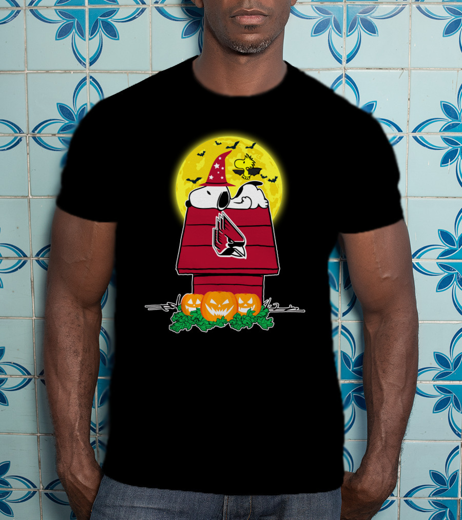 Ball State Cardinals Halloween Snoopy Pumpkin House Moon Woodstock T-Shirt