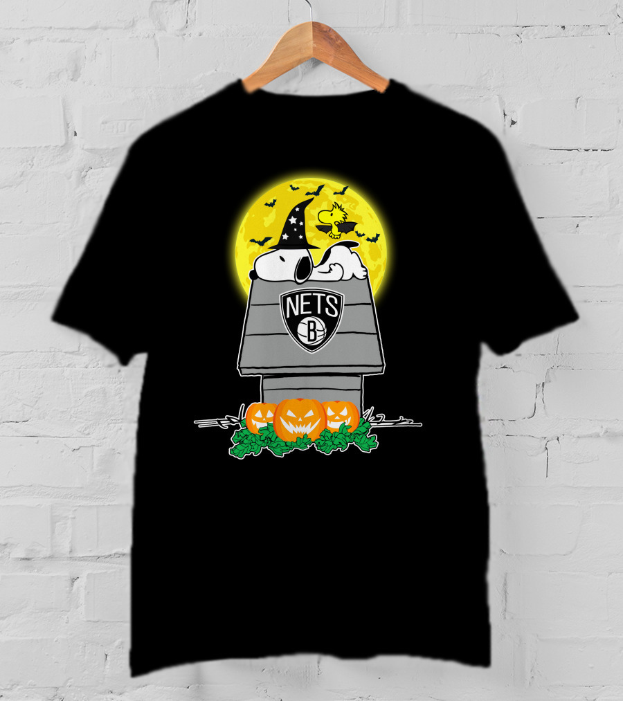 Brooklyn Nets Snoopy Halloween Moon With Pumpkins And Woodstock T-Shirt