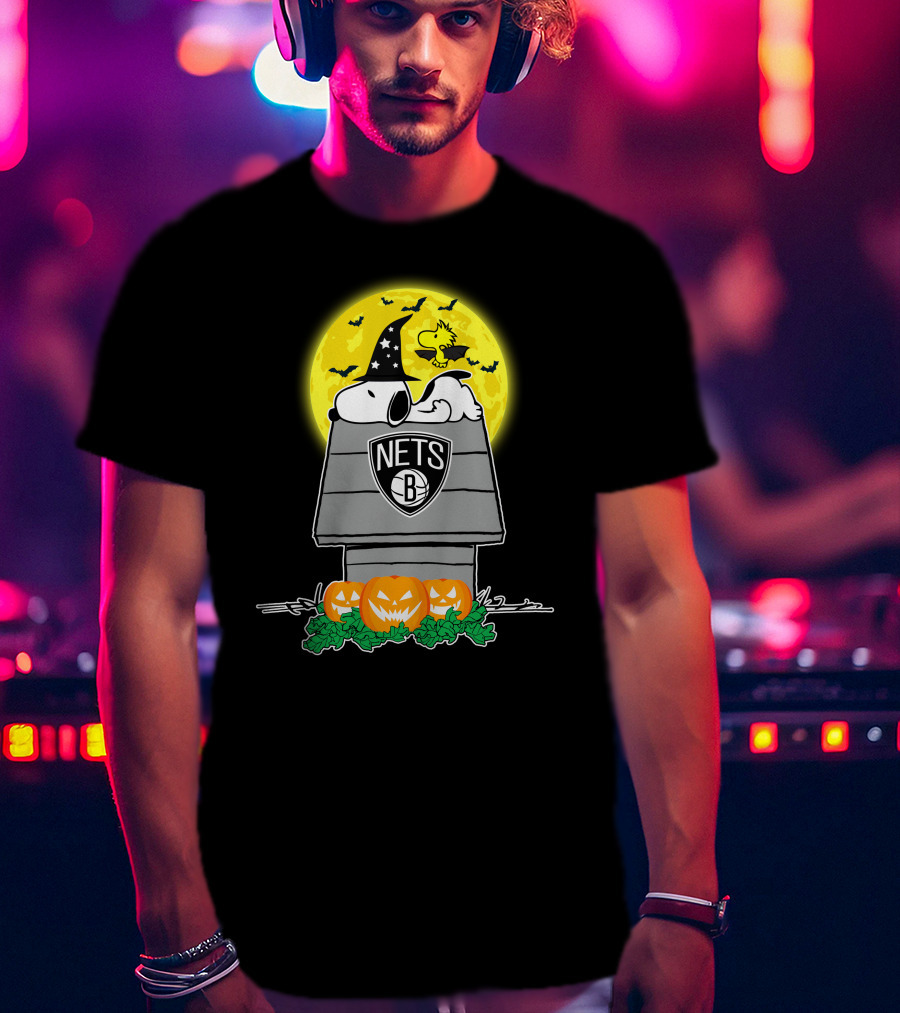 Brooklyn Nets Snoopy Halloween Moon With Pumpkins And Woodstock T-Shirt