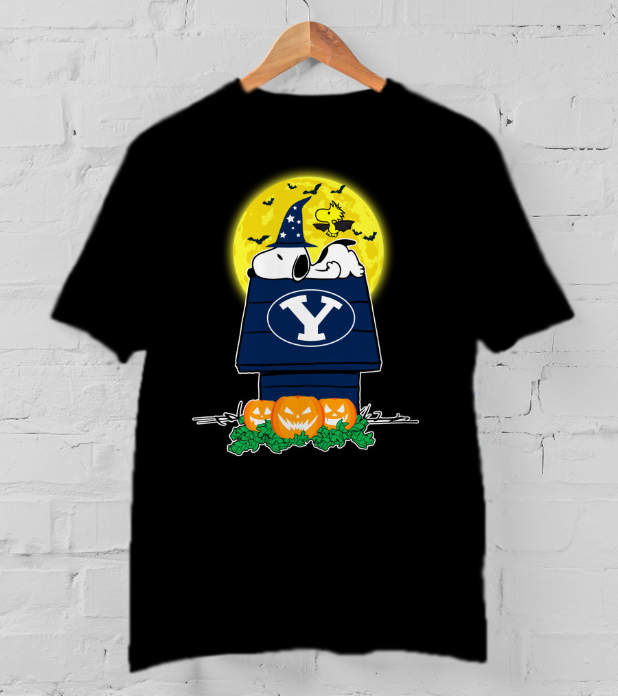 Byu Cougars Snoopy Woodstock Halloween Pumpkins Moon House T-Shirt