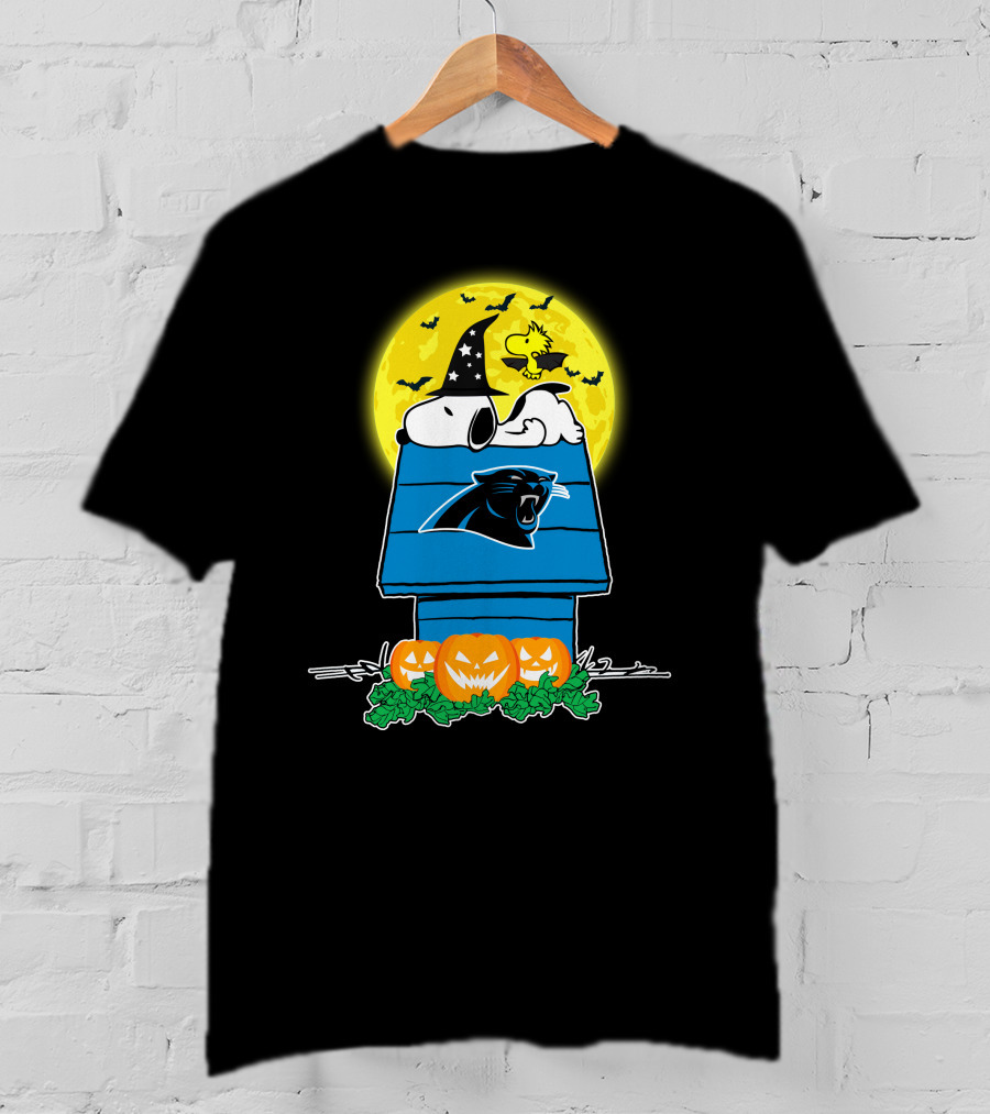 Carolina Panthers Snoopy Woodstock Halloween Pumpkins Moon House T-Shirt