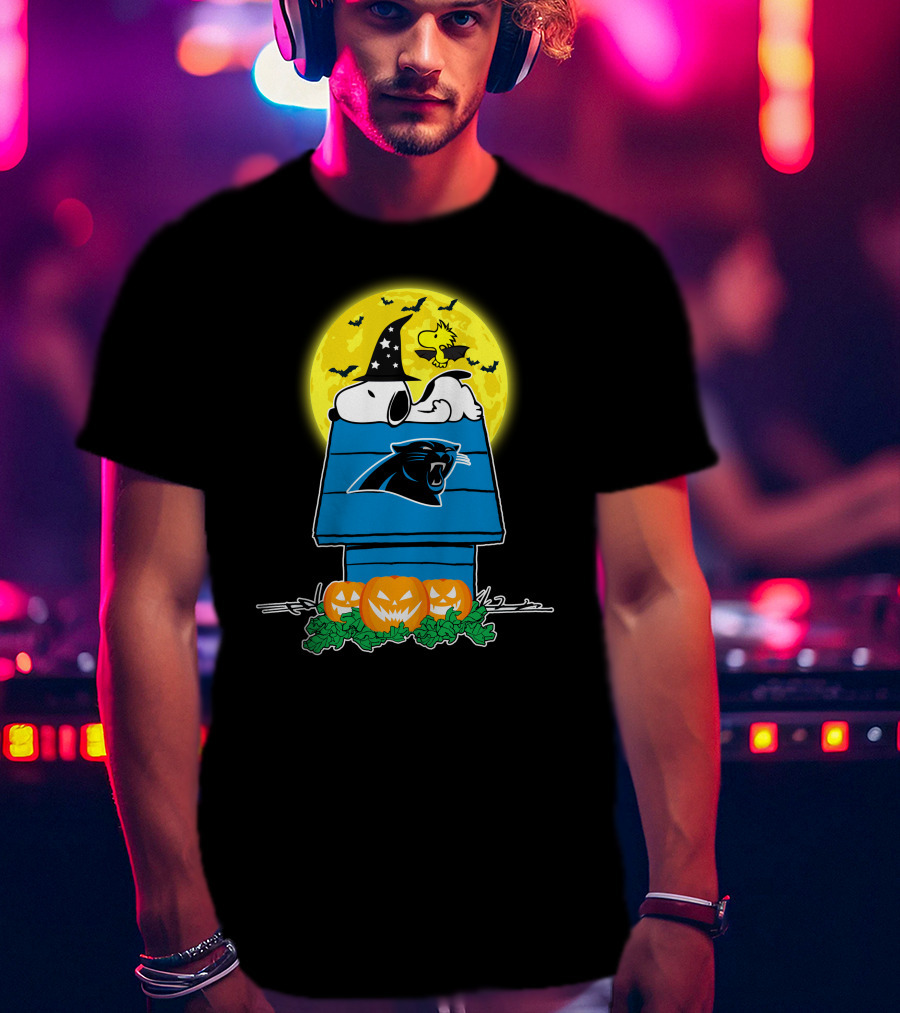 Carolina Panthers Snoopy Woodstock Halloween Pumpkins Moon House T-Shirt