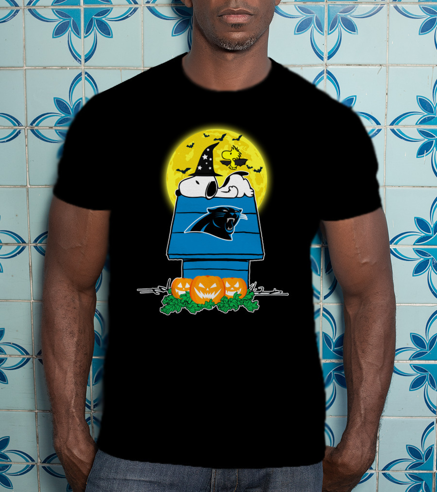 Carolina Panthers Snoopy Woodstock Halloween Pumpkins Moon House T-Shirt