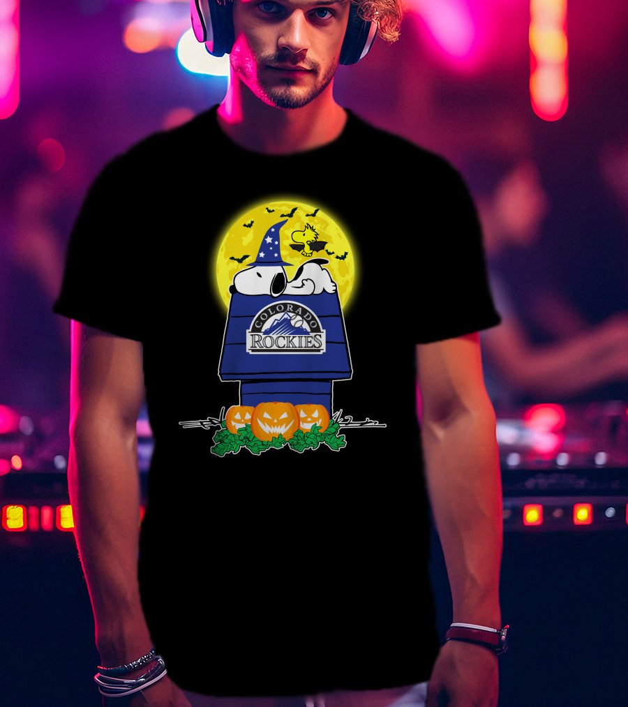 Colorado Rockies Snoopy Halloween Pumpkin Moon Woodstock T-Shirt