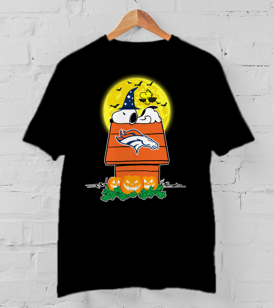 Denver Broncos Halloween Snoopy Woodstock Pumpkins Moon T-Shirt