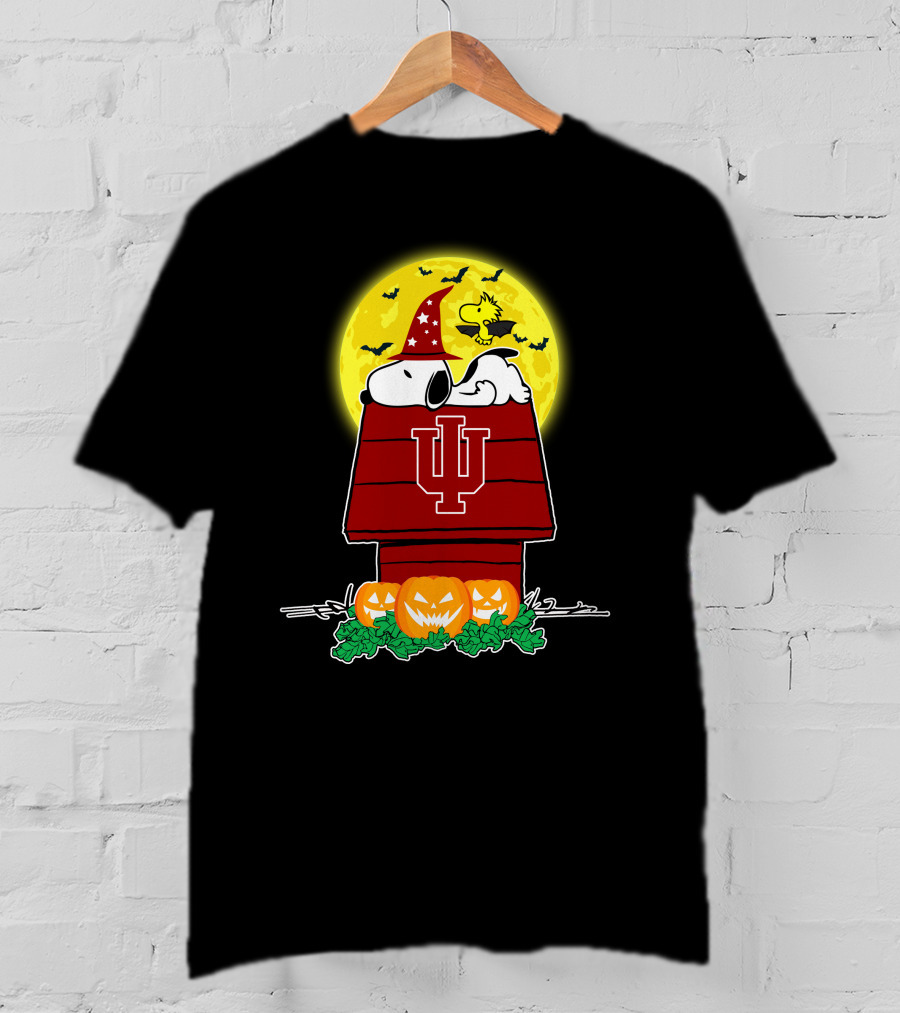 Indiana Hoosiers Snoopy Woodstock Halloween Pumpkins Moon Bats T-Shirt