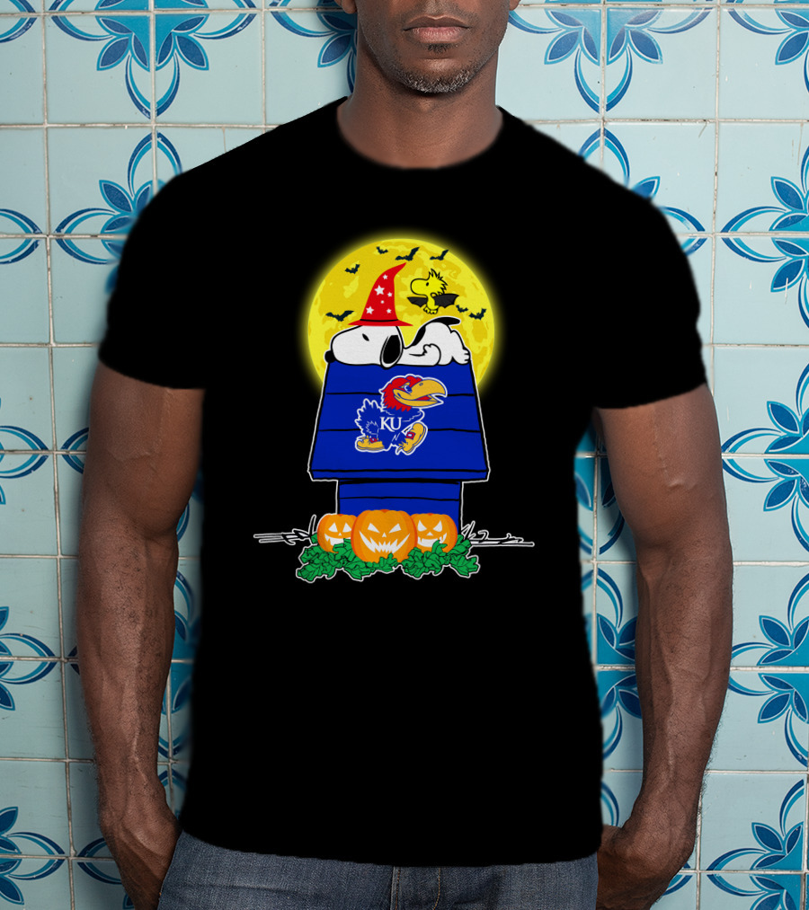Kansas Jayhawks Snoopy Woodstock Halloween Full Moon Pumpkin House T-Shirt