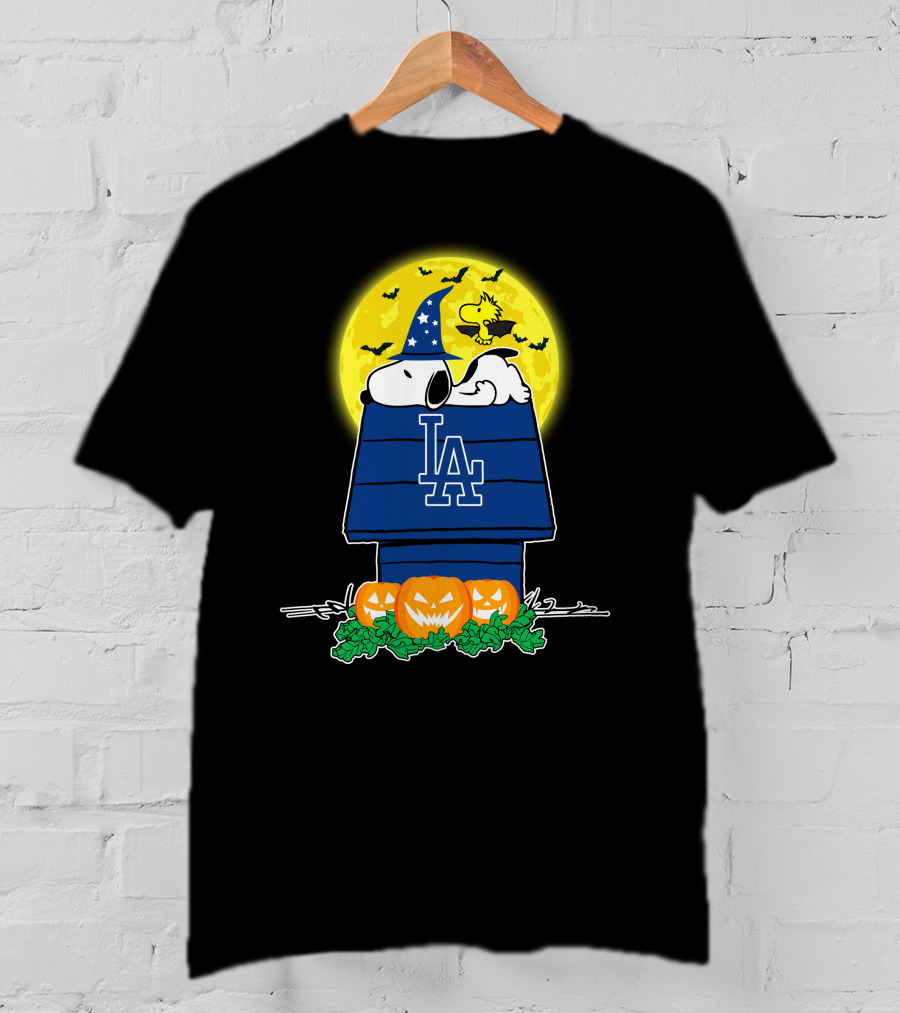 Los Angeles Dodgers Snoopy Halloween Moon Pumpkins Woodstock T-Shirt