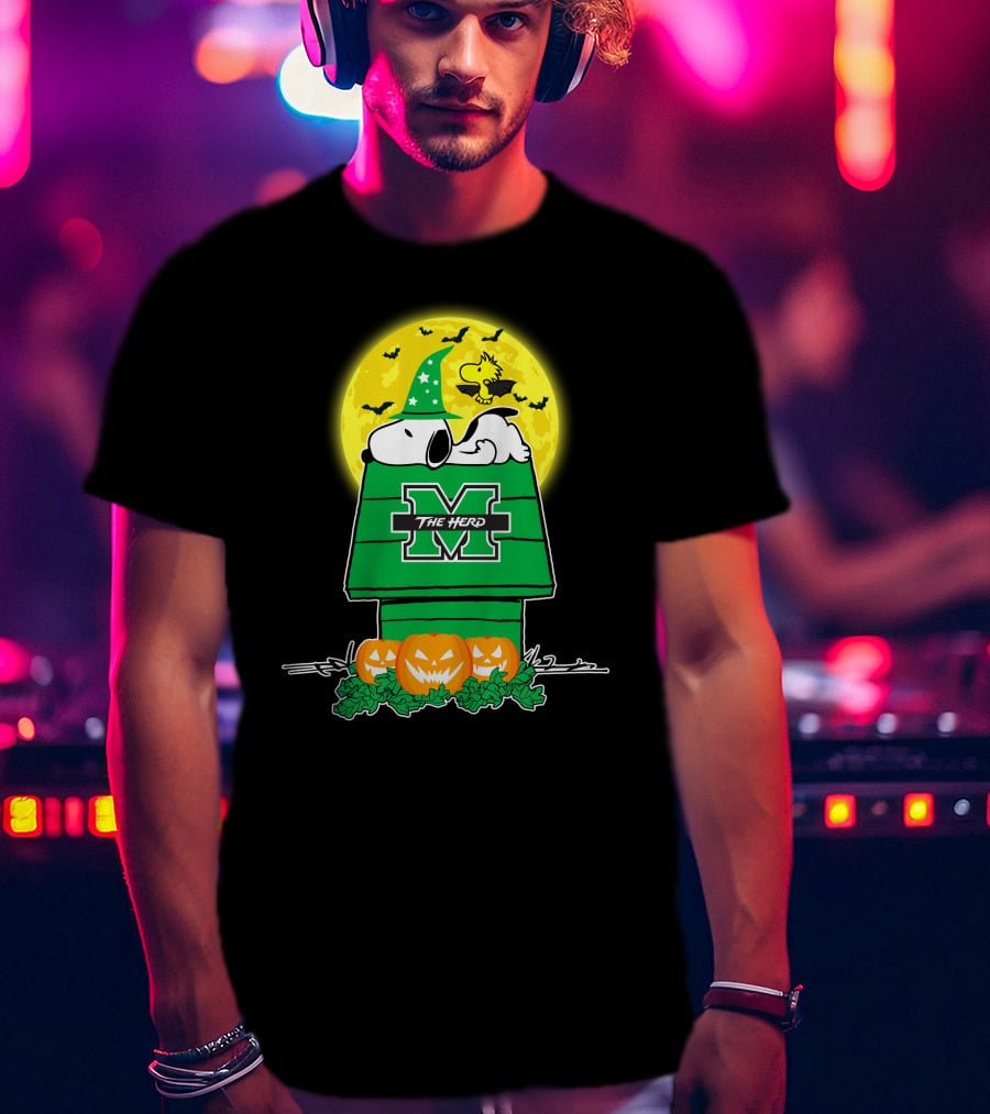 Marshall Thundering Herd Snoopy Woodstock Halloween Pumpkins Moon T-Shirt