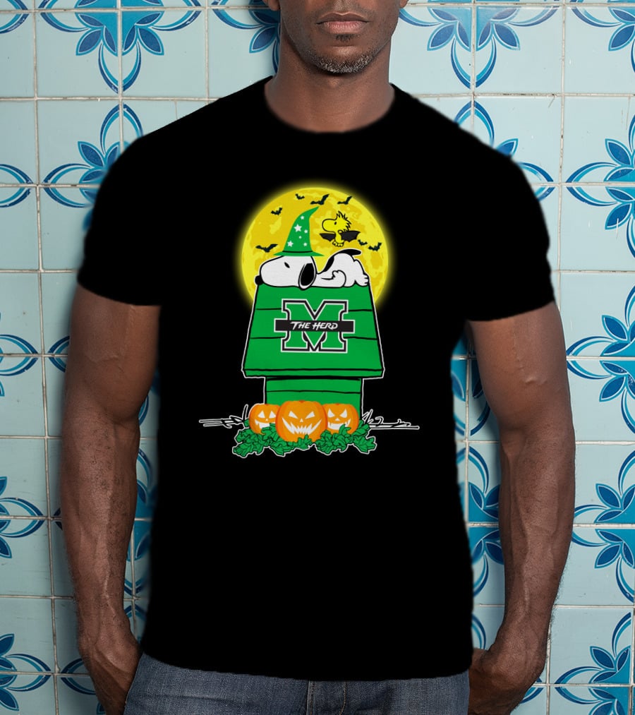 Marshall Thundering Herd Snoopy Woodstock Halloween Pumpkins Moon T-Shirt