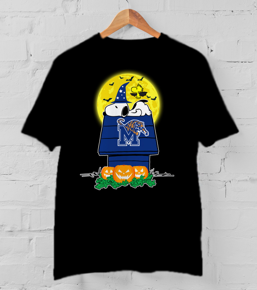 Snoopy Halloween Memphis Tigers Haunted Doghouse And Pumpkins T-Shirt