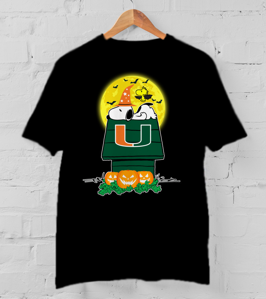 Miami Hurricanes Snoopy Halloween Pumpkin Moon Peanuts Woodstock T-Shirt