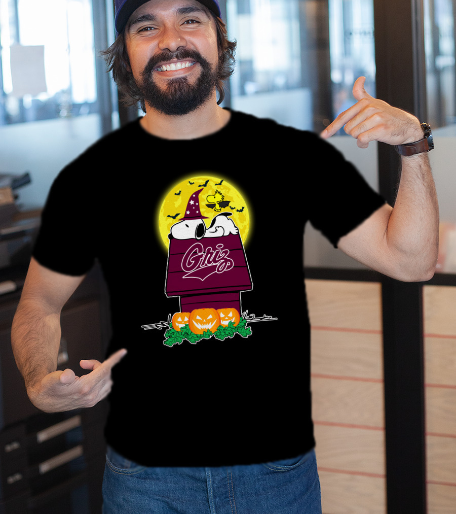 Montana Grizzlies Snoopy Woodstock Halloween Pumpkins Moon T-Shirt