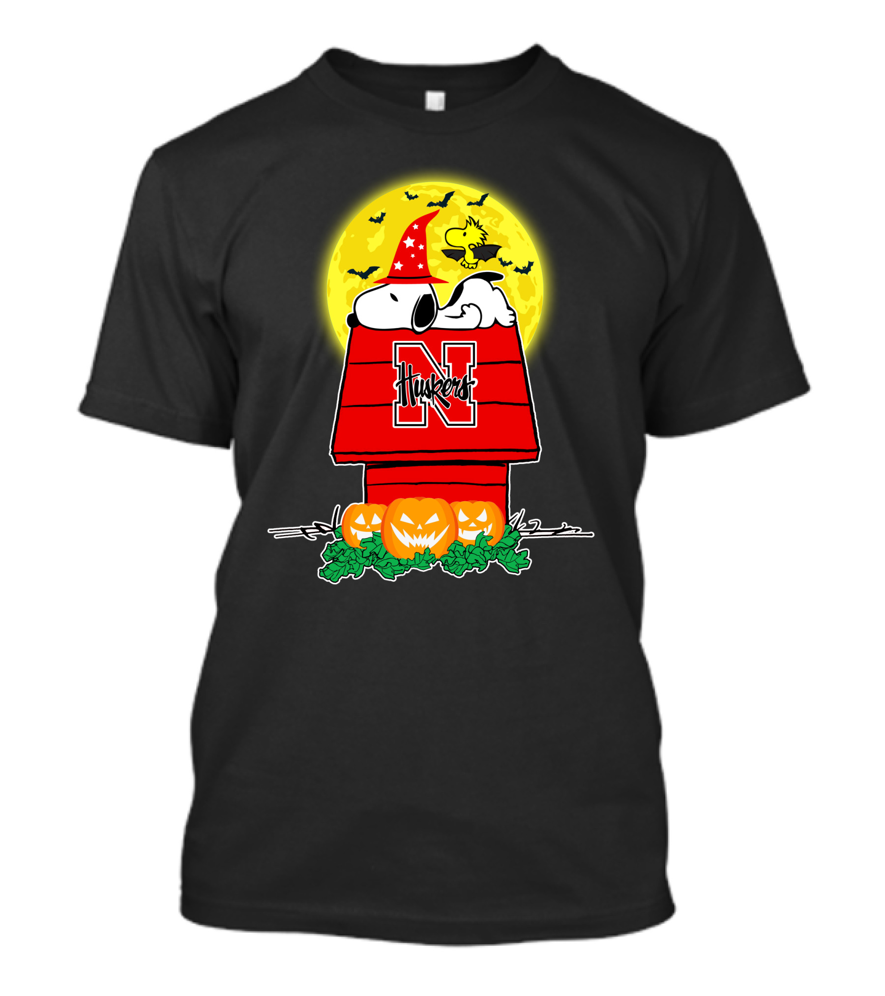 Snoopy Nebraska Cornhuskers Halloween Moon Pumpkins Woodstock T-Shirt