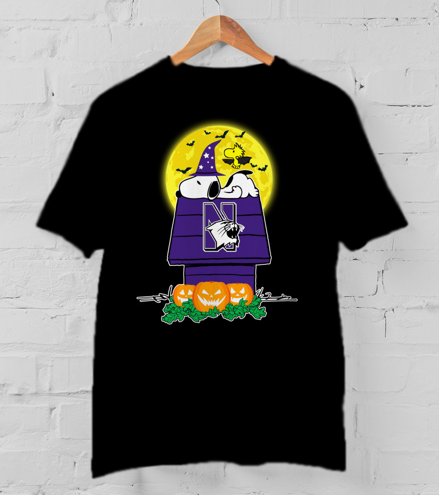 Northwestern Wildcats Snoopy Halloween Peanuts Moon Pumpkins Woodstock T-Shirt