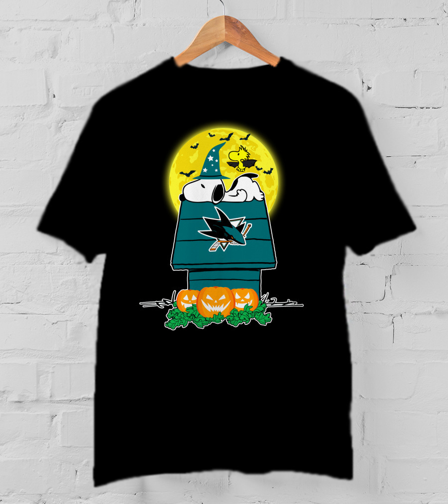 San Jose Sharks Snoopy Halloween Moon Wizard Woodstock Pumpkins T-Shirt