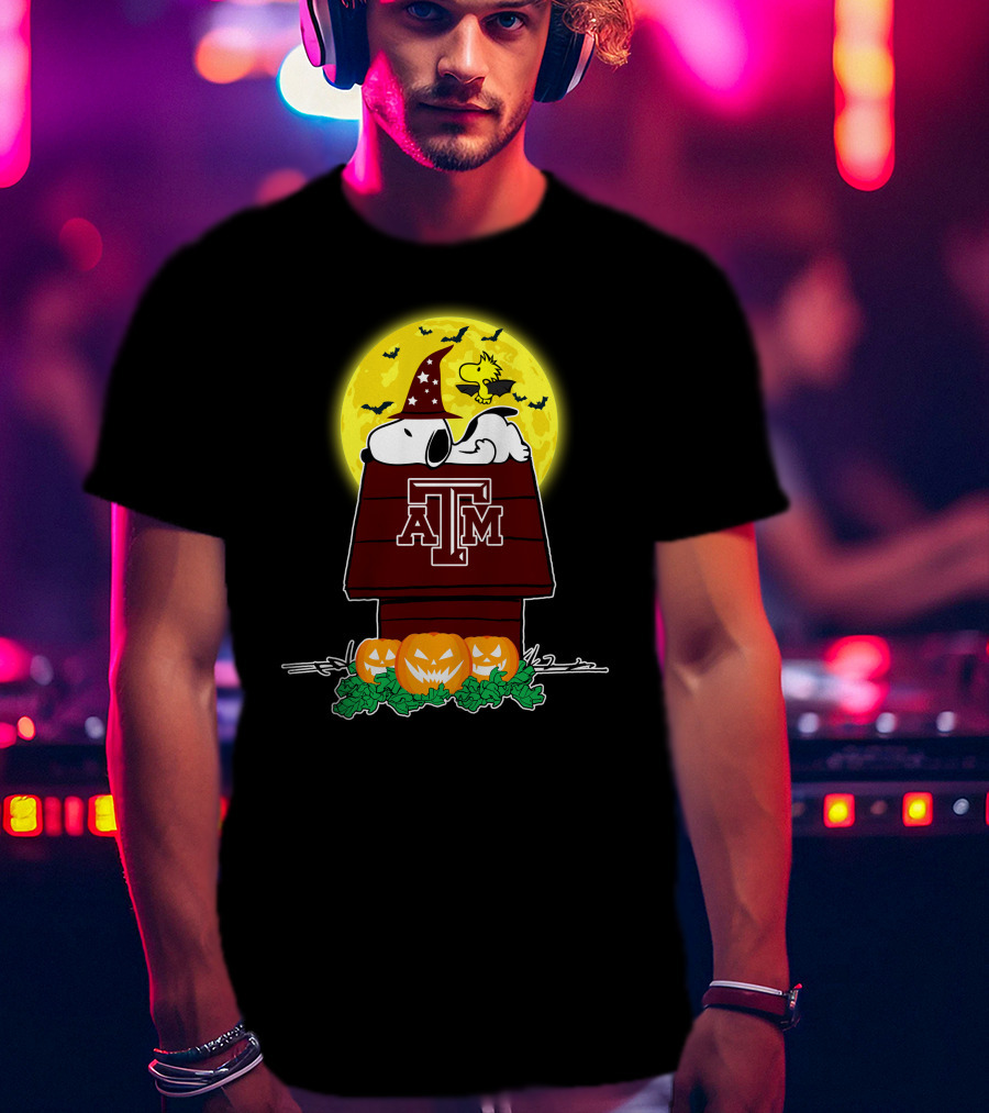 Texas Am Aggies Snoopy Moonlit Halloween With Pumpkins T-Shirt
