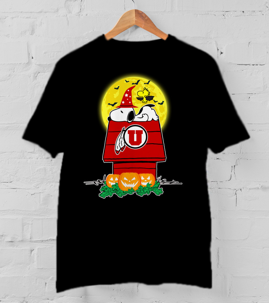 Utah Utes Snoopy Halloween Doghouse With Pumpkins And Full Moon T-Shirt