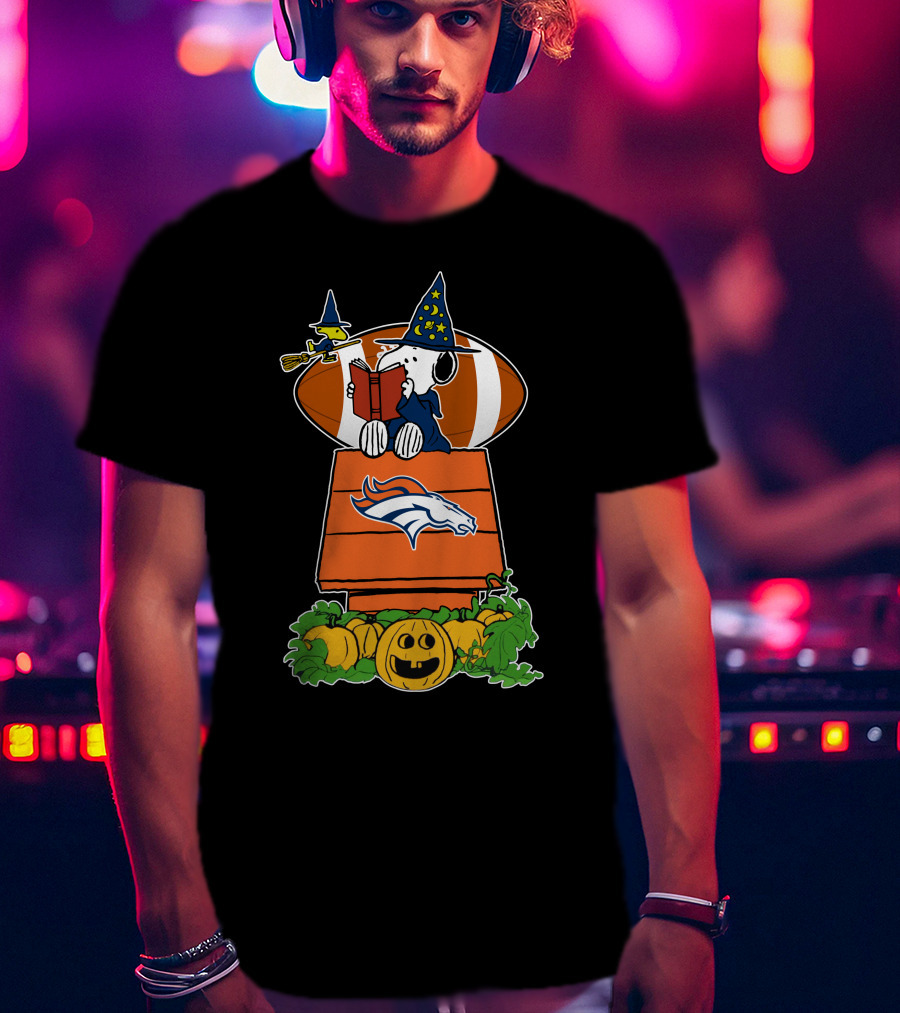 Denver Broncos Snoopy Halloween Football Wizard Pumpkin Scene T-Shirt