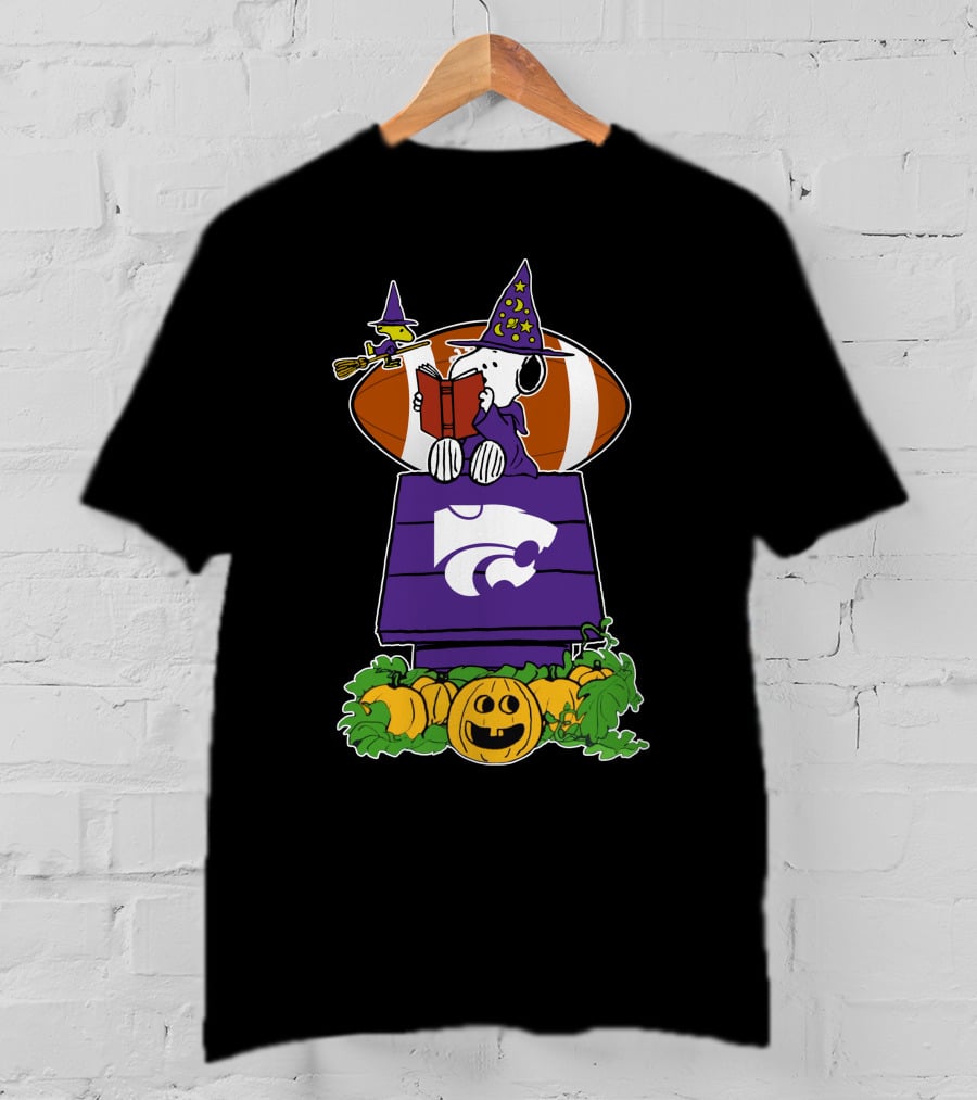 Kansas State Wildcats Snoopy Halloween Witch Hat Pumpkin Football Scene T-Shirt