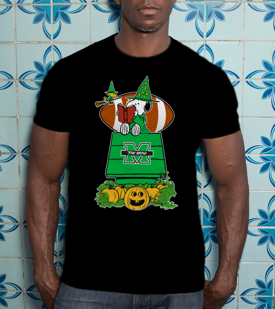 Marshall Thundering Herd Snoopy Halloween Witch Reading Book And Football T-Shirt