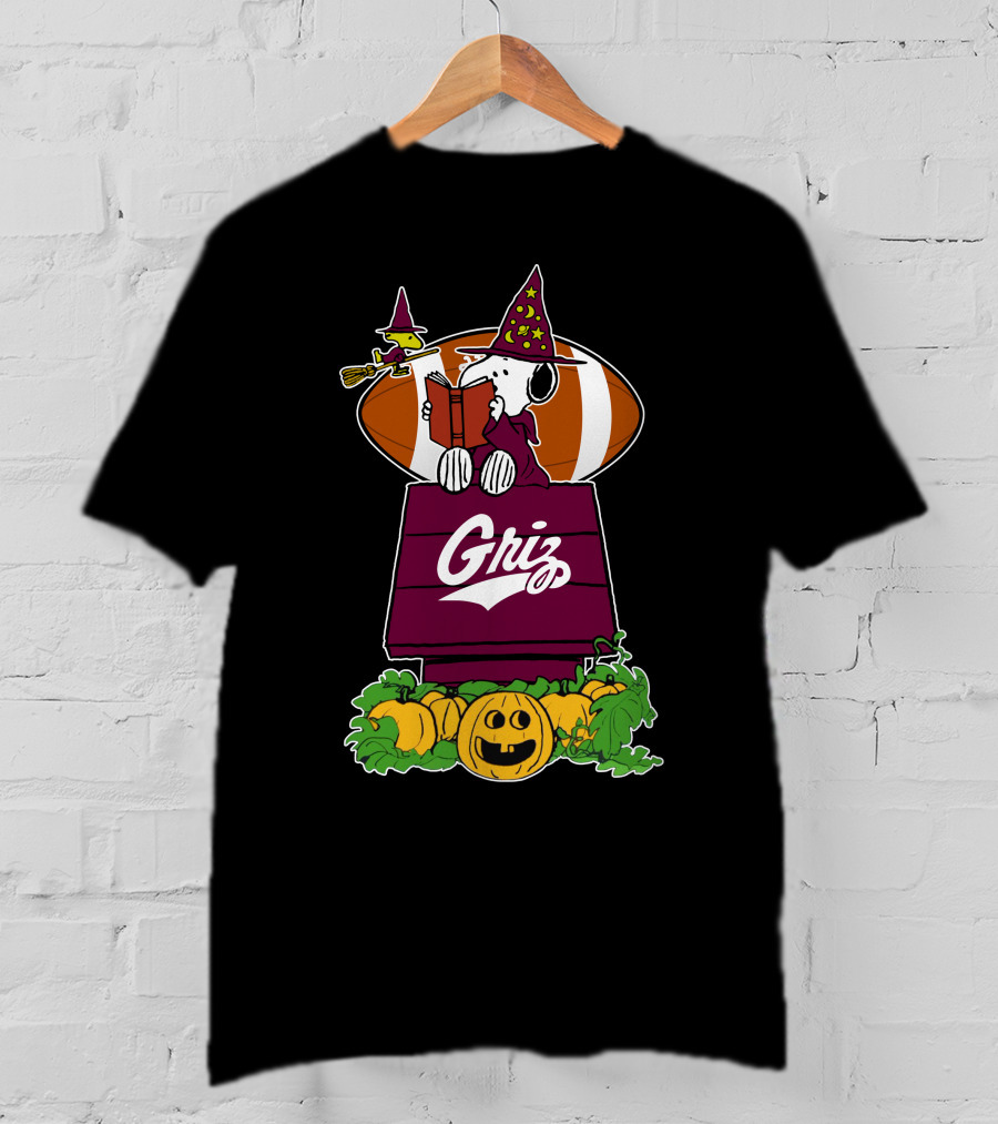 Montana Grizzlies Snoopy Halloween Witch And Pumpkin Football T-Shirt