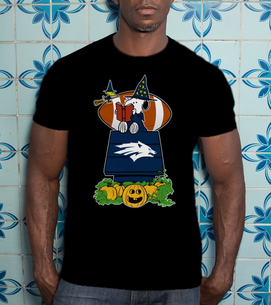 Nevada Wolf Pack Snoopy Halloween Football Wizard House And Pumpkins T-Shirt