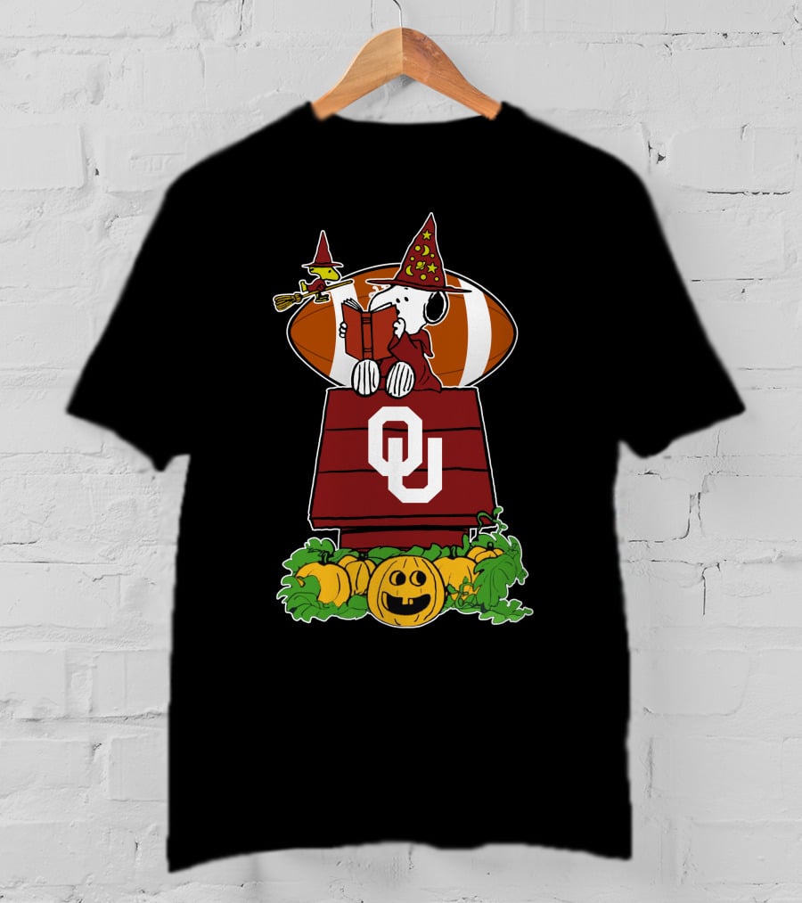 Oklahoma Sooners Snoopy Halloween Witch Woodstock Pumpkins Football T-Shirt