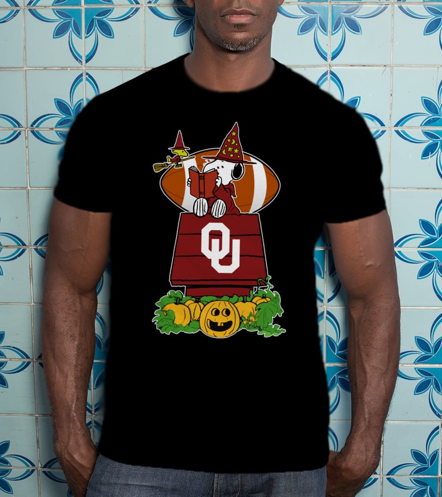 Oklahoma Sooners Snoopy Halloween Witch Woodstock Pumpkins Football T-Shirt