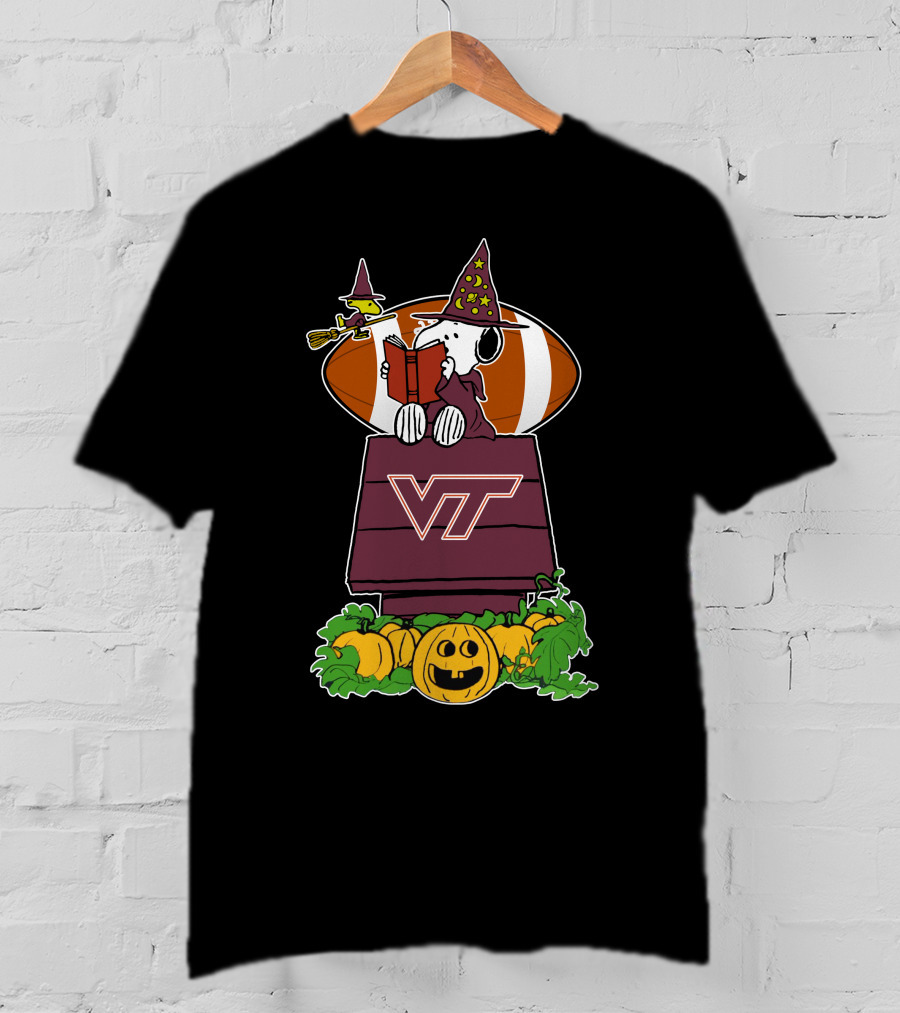 Virginia Tech Hokies Snoopy Halloween Witch Woodstock Football Pumpkin House T-Shirt