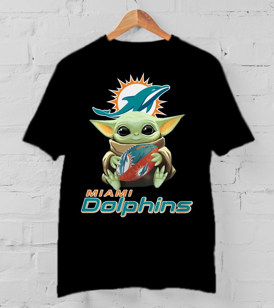 Miami Dolphins Baby Yoda Holding Football With Team T-Shirt