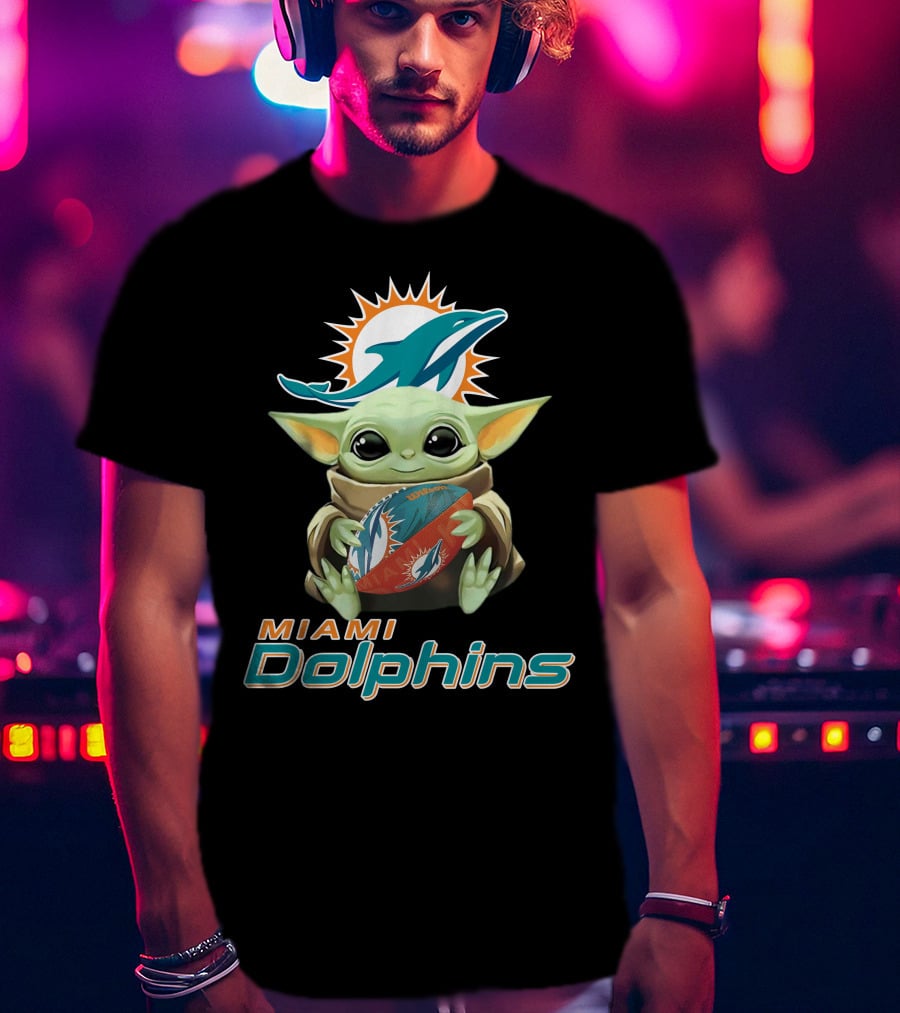 Miami Dolphins Baby Yoda Holding Football With Team T-Shirt