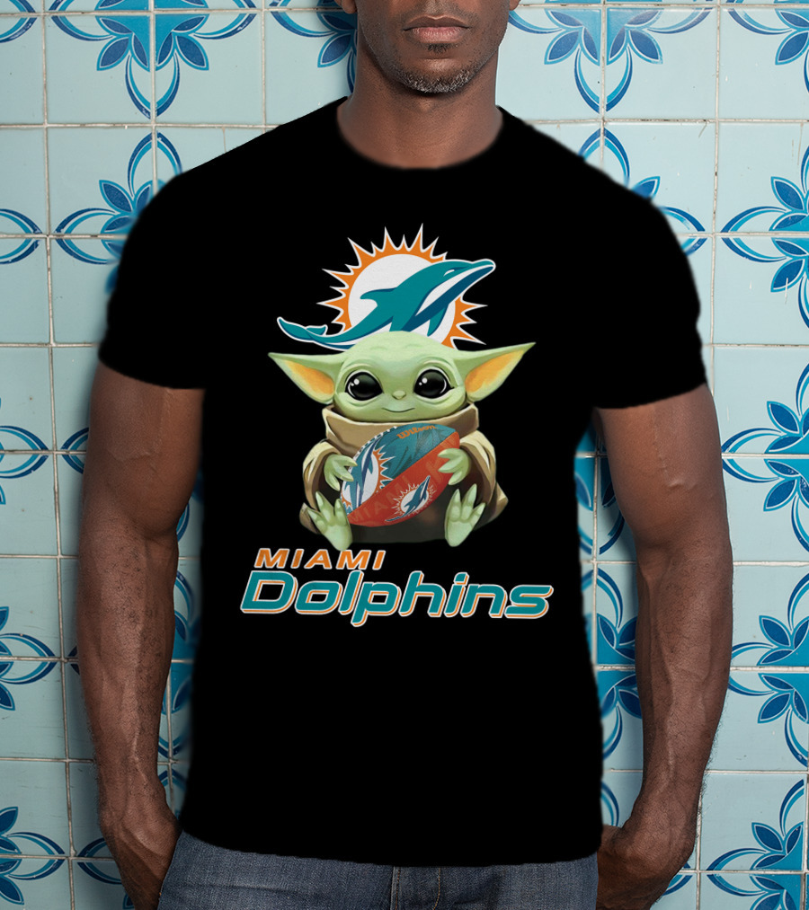 Miami Dolphins Baby Yoda Holding Football With Team T-Shirt