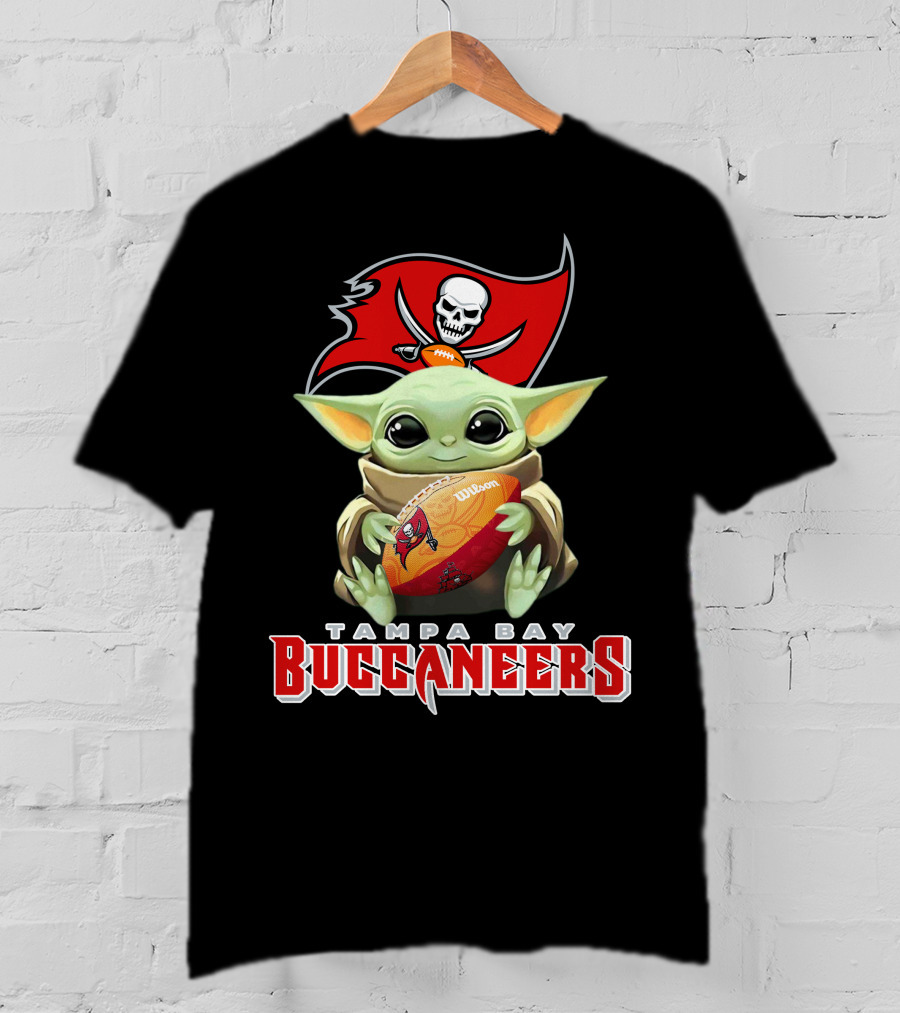 Tampa Bay Buccaneers Baby Yoda Holding Wilson Football T-Shirt