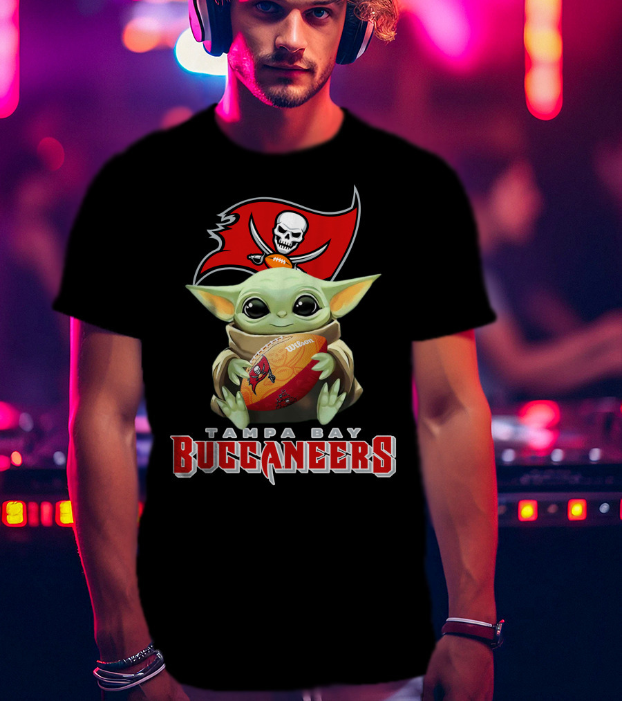 Tampa Bay Buccaneers Baby Yoda Holding Wilson Football T-Shirt