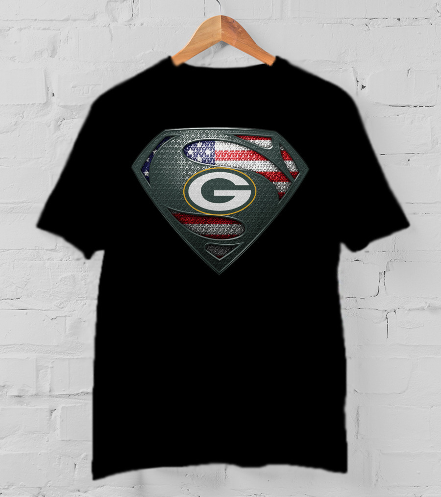 Green Bay Packers Superman American Flag Logo Fan T-Shirt