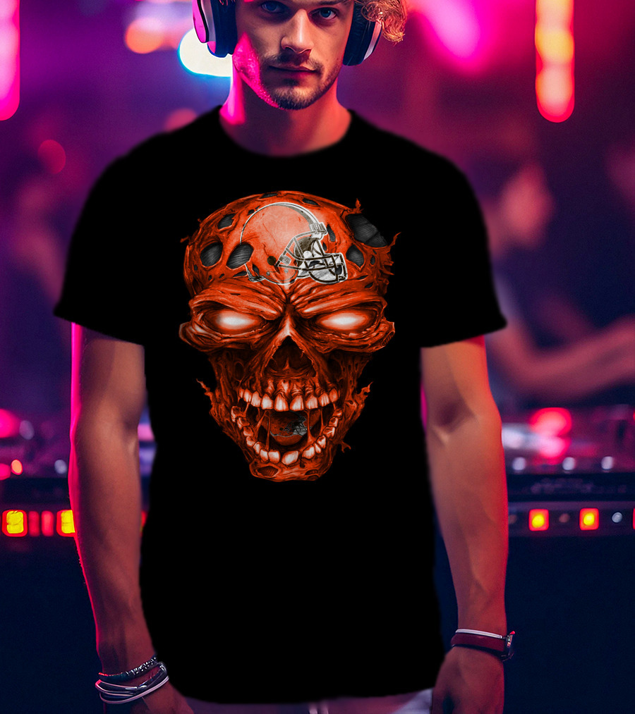 Cleveland Browns Helmet On Fiery Red Skull T-Shirt