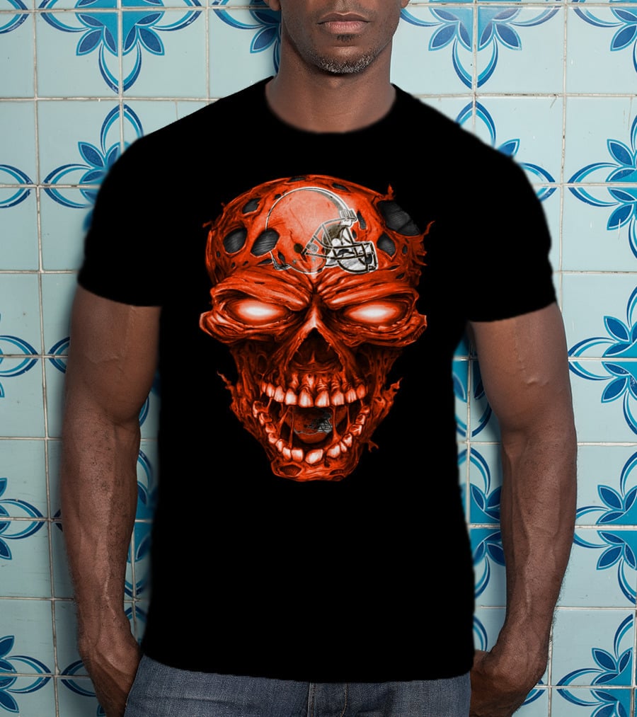 Cleveland Browns Helmet On Fiery Red Skull T-Shirt