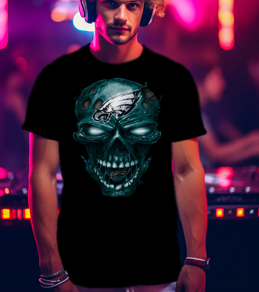 Philadelphia Eagles Skull Design Nfl Team Logo Fusion T-Shirt