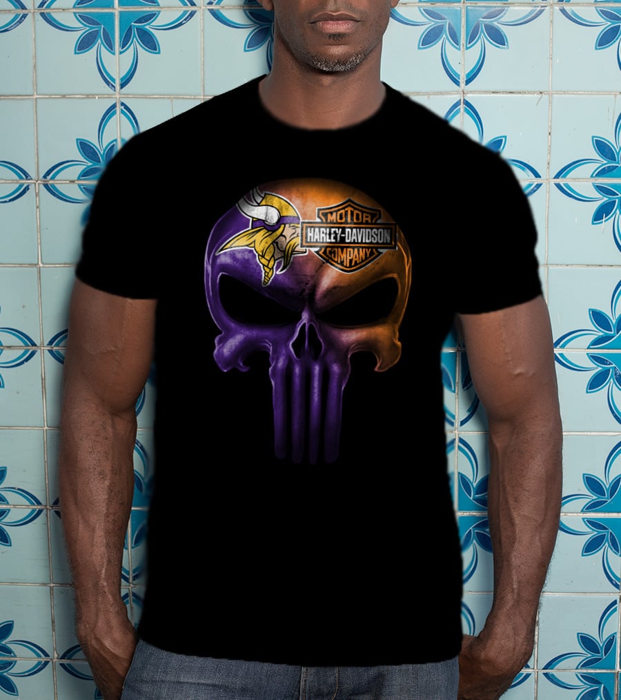 Minnesota Vikings Skull Harley Davidson Motor Company T-Shirt