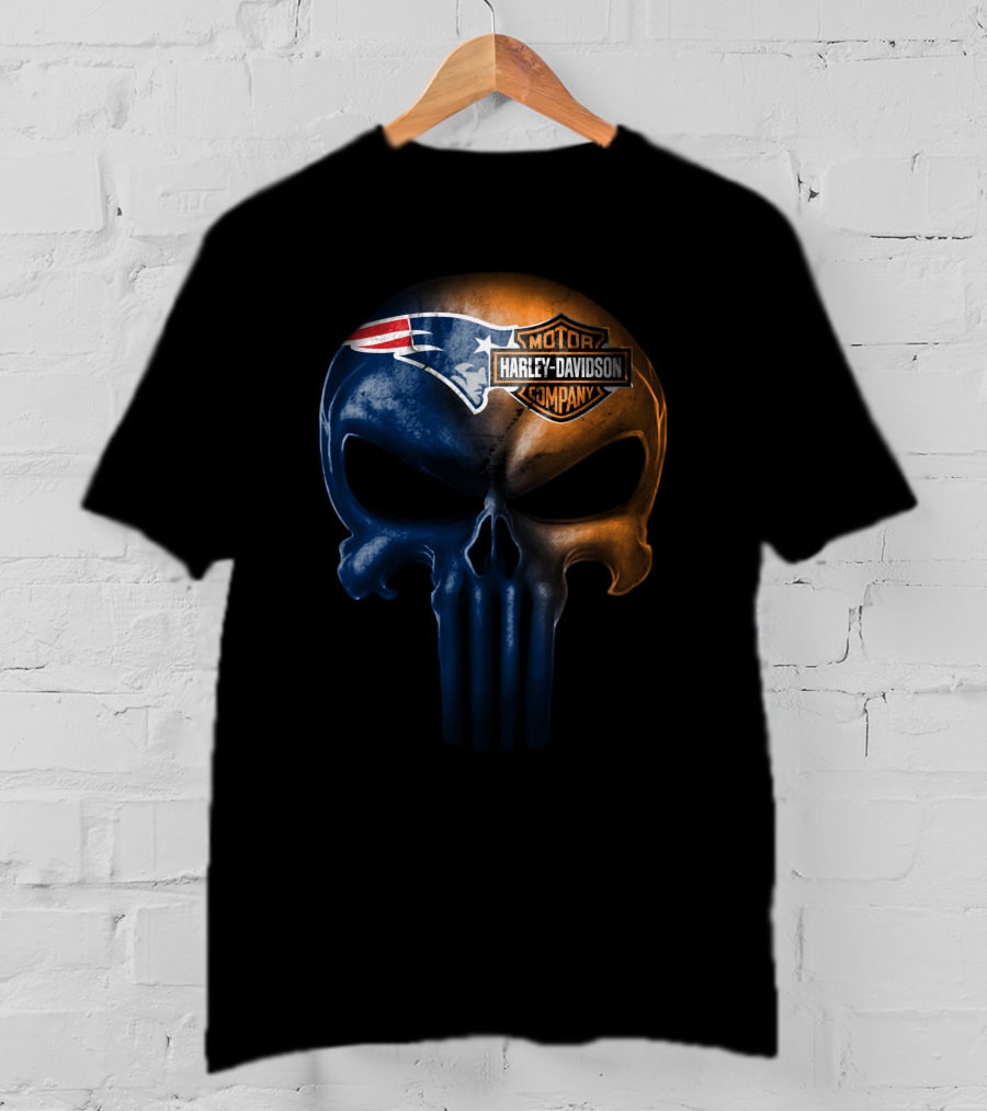 New England Patriots Skull Harley Davidson Crossover T-Shirt