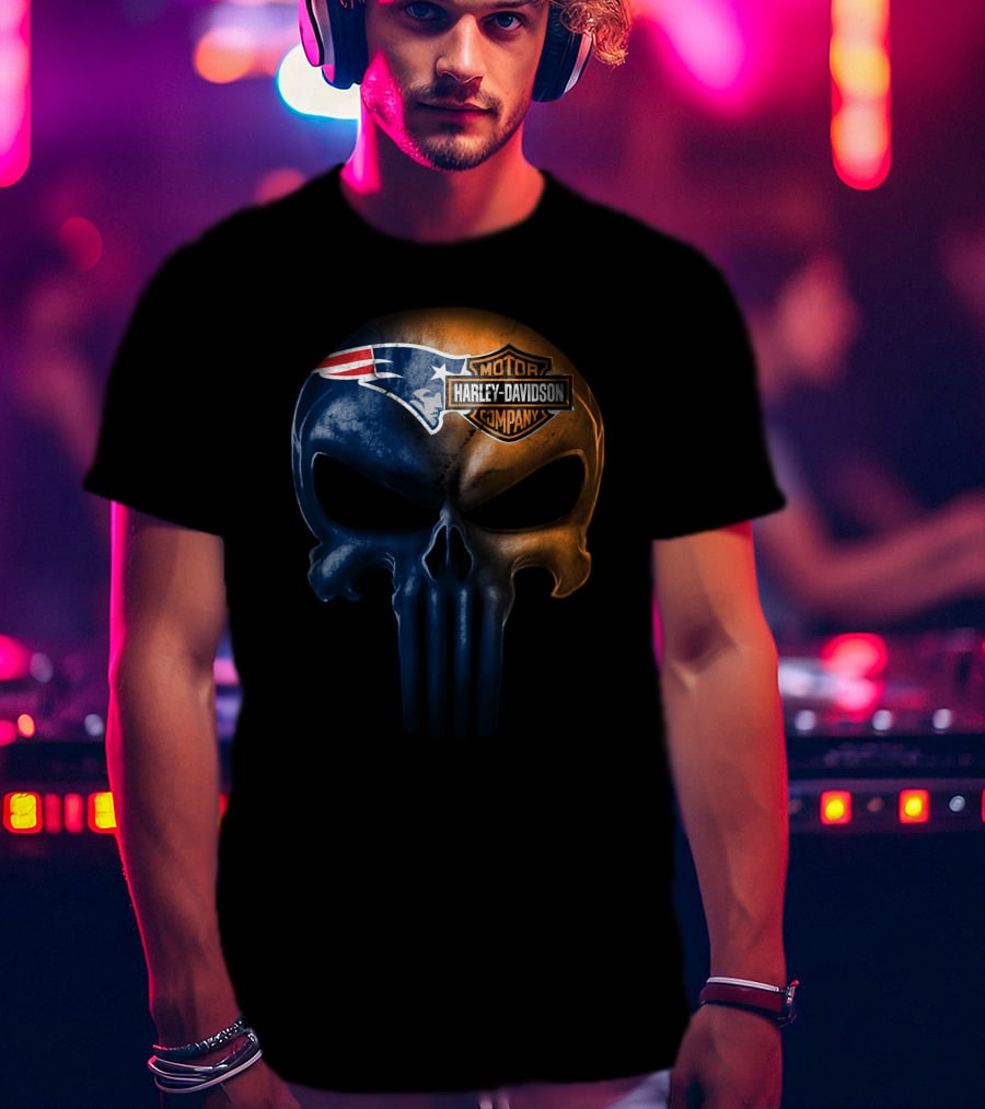 New England Patriots Skull Harley Davidson Crossover T-Shirt