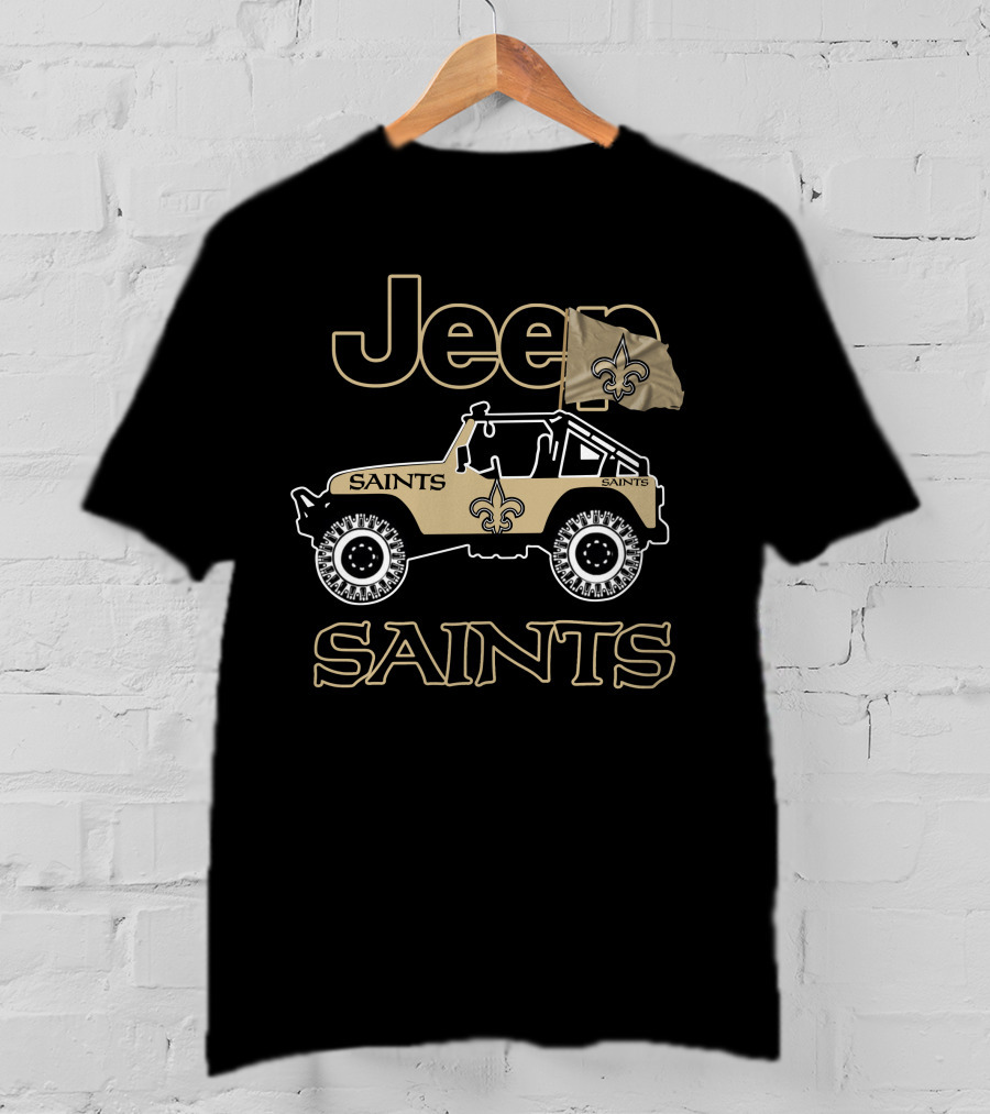 New Orleans Saints Jeep Vehicle With Fleur-De-Lis Flag T-Shirt
